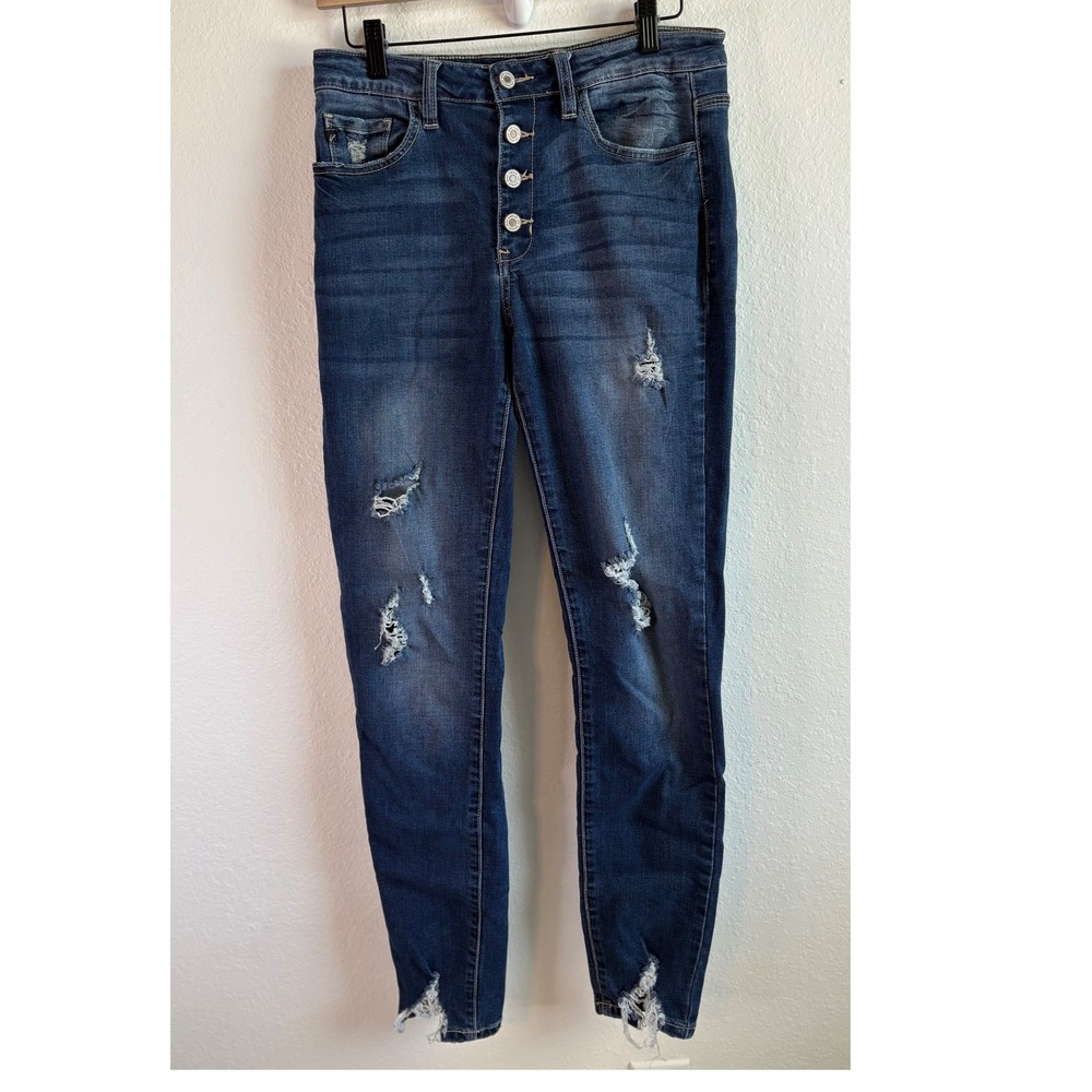 Kancan 9/28 Women Dark Wash Distressed High Rise Skinny Jeans Exposed Button Fly